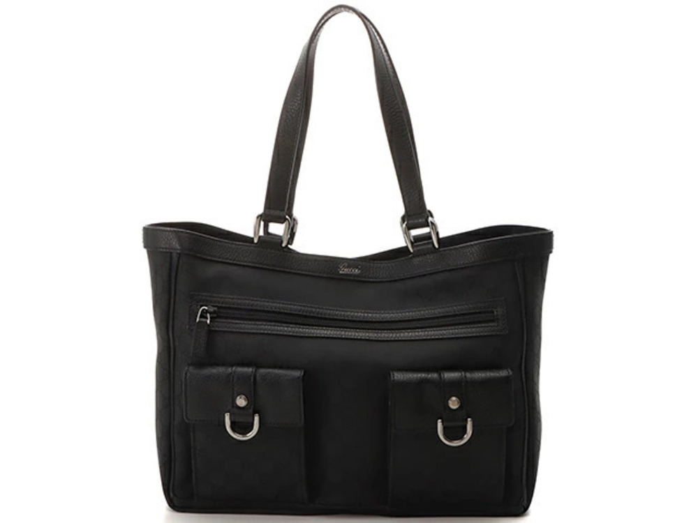 Gucci GG Canvas Tote Bag Black Leather